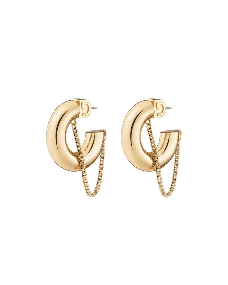 Mini Miley Hoops – DEMARSON New York Modern Hoop Earrings With Chain Detail, Modern Gold Hoop Earrings With Adjustable Chain, Hoop Earring Set, Hoop Earring Sets, Steel Post, Cuff Rings, Brass Earrings, Shiny Silver, Signature Logo