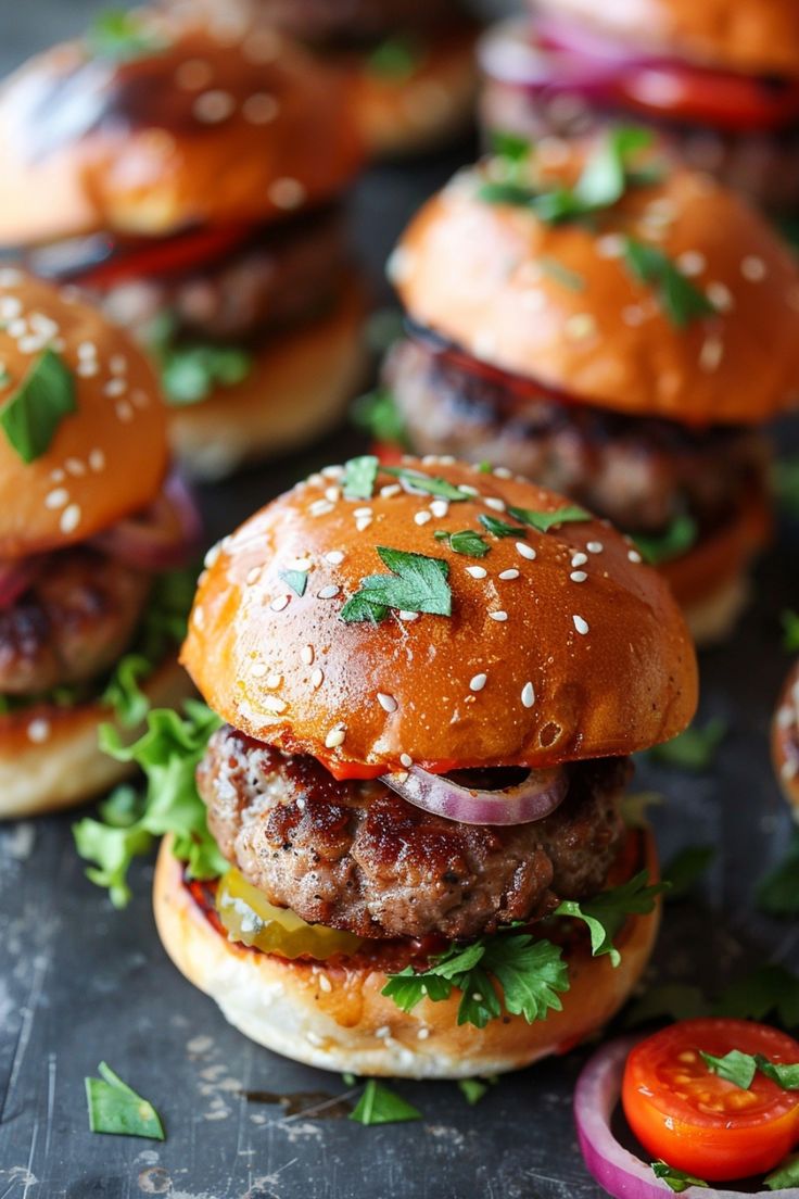 Juicy burgers topped with sesame seed buns, lettuce, tomato, pickles, onion, and fresh herbs. Small Hamburgers Mini Burgers, Mini Beef Patties, Mini Hamburger Patties, Simple Sliders Recipes, Mini Hamburger Appetizers, Slider Hamburgers Mini Burgers, Mini Beef Sliders, Make Ahead Sliders For A Crowd, Hamburger Sliders Recipes