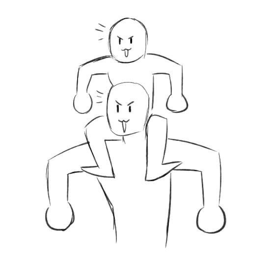 a drawing of two people sitting on top of each other, one holding the other's head