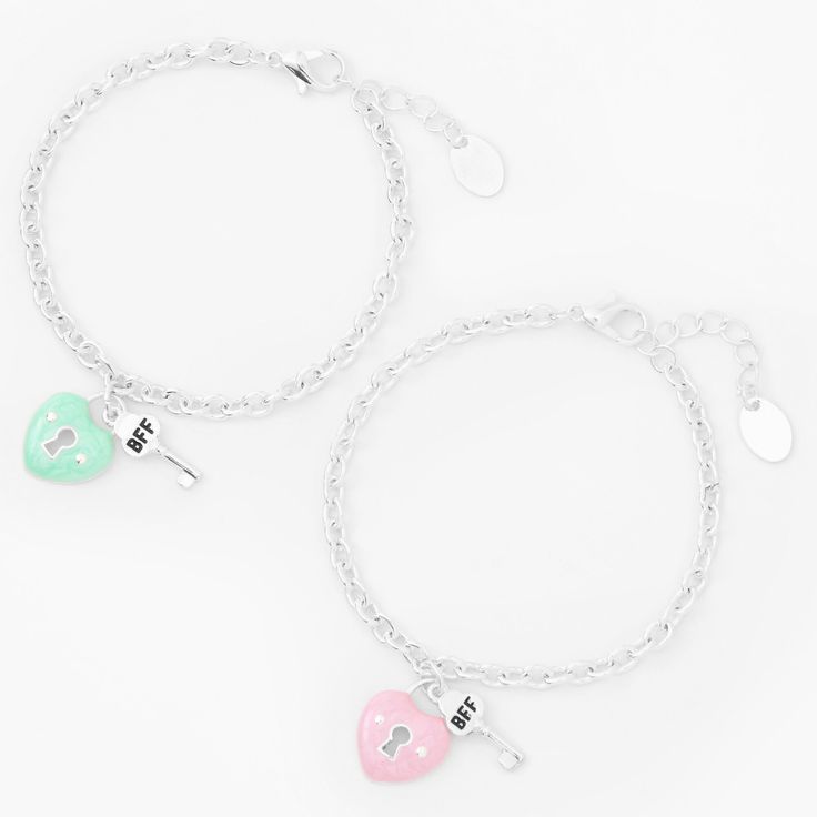 Your bestie is like the other half of your heart, so here's a beautiful way to show her how much she means to you. This set includes one bracelet for you and one for her, each with with a heart-shaped lock charm, plus a little "BFF" key charm. Pack Size: 2 Length: 6" + extender Closure: Lobster clasp Material: Metal - Claire's Best Friends Heart Lock Charm Bracelets - 2 Pack Valentine's Day Nickel-free Charm Bracelet For Friendship, Nickel Free Heart Bracelet For Valentine's Day, Nickel-free Charm Bracelet For Valentine's Day Friendship, Nickel-free Heart Bracelet For Valentine's Day, Nickel Free Heart Charm Bracelet For Friendship, Nickel-free Charm Bracelet For Friendship On Valentine's Day, Valentine's Day Best Friend Gift Heart Charm Bracelet, Nickel-free Heart Charm Bracelet For Friendship, Heart Shaped Nickel Free Friendship Charm Bracelet