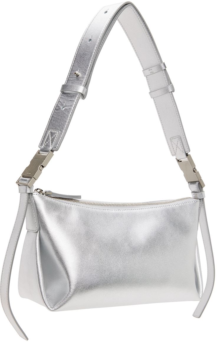 Buffed leather shoulder bag in metallic silver tone. · Adjustable and detachable shoulder strap · Logo stamp at face · Zip closure · Patch pocket at interior · Faux-suede lining · Logo-engraved silver-tone hardware · H6 x W10.5 x D4.5 Supplier color: Silver Luxury Silver Crossbody Shoulder Bag, Rectangular Leather Shoulder Bag With Silver-tone Logo, Formal Silver Shoulder Bag, Formal Silver Shoulder Bag With Detachable Strap, Modern Silver Shoulder Bag For Formal Events, Luxury Metallic Silver Shoulder Bag, Silver Shoulder Bag With Detachable Strap For Formal Occasions, Chic Silver Shoulder Bag With Detachable Strap, Formal Silver Shoulder Bag With Logo Plaque