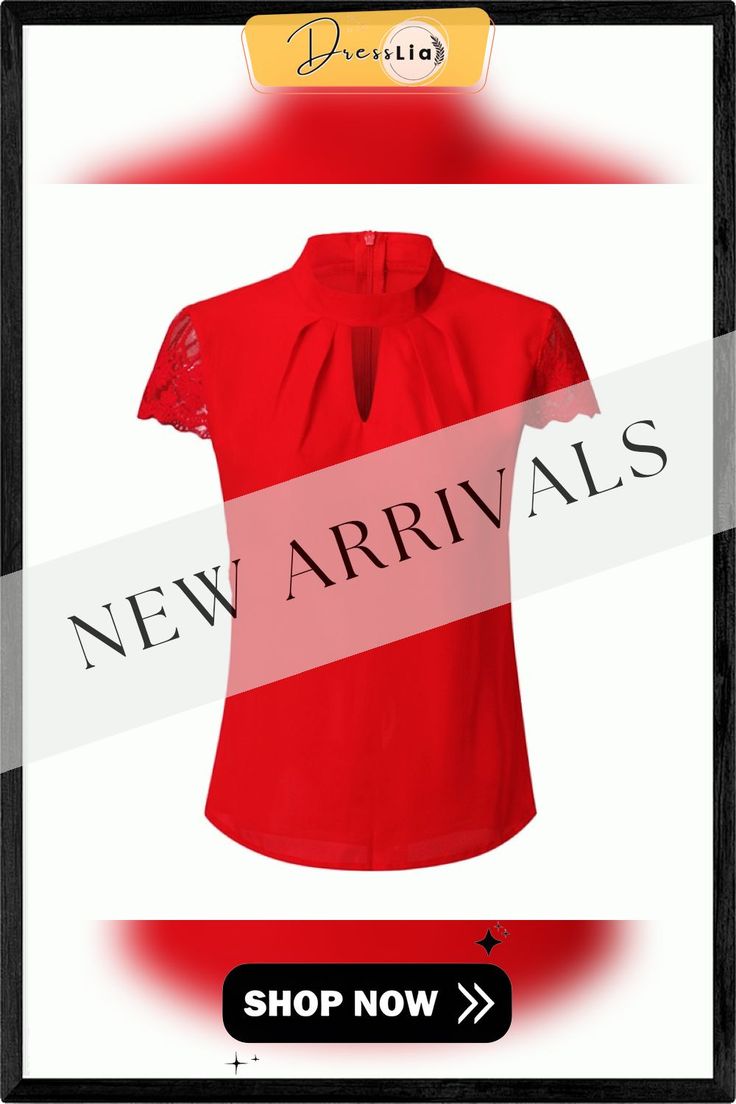 Lace Stitching Top Sexy Shirt Summer Women's Chiffon Top Stand-up Collar Lace Short-sleeved Elegant Ladies Shirt Summer Office Blouse With Stretch, Summer Office Shirt With Stretch, Red Short Sleeve Tops For Office, Elegant Red Short Sleeve Shirt, Solid Color Short Sleeve Party Top, Solid Short Sleeve Blouse For Night Out, Solid Color Short Sleeve Blouse For Night Out, Red Short Sleeve Office Blouse, Short Sleeve Blouse For Night Out