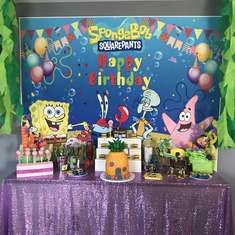 spongebob themed birthday party with purple table cloth