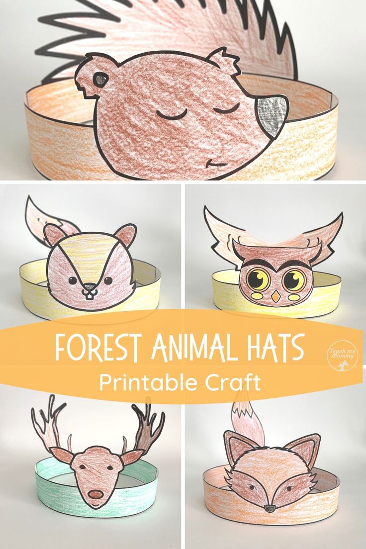 four different pictures of animals and their faces with the title forest animal hats printable craft