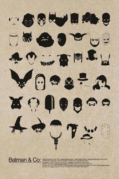 an art print with different types of masks and haircuts in black on beige paper