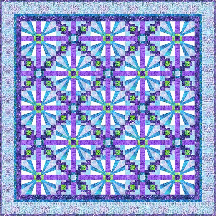 a blue and purple quilt with an intricate design