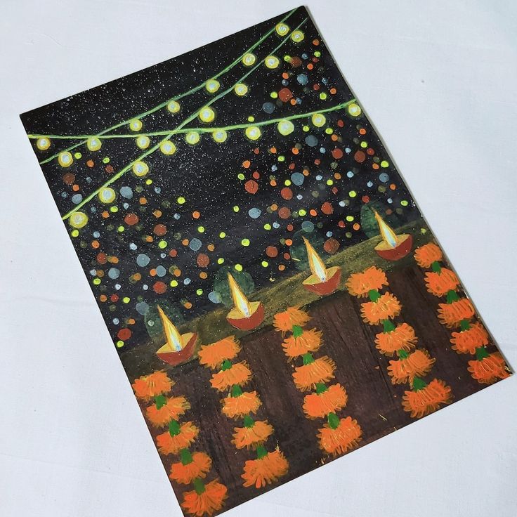 this is an image of a card with candles in the night sky and pumpkins on the ground