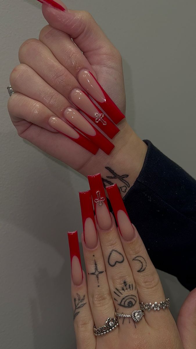 Long Nails Red, Nails Spooky, Red French Tip, Long Red Nails, Spooky Nails, Cross Nails, Long Square Nails, Red Acrylic Nails, Red French