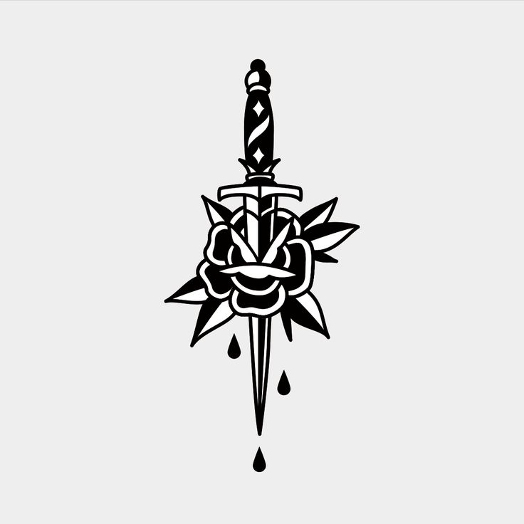 a black and white drawing of a dagger with drops of water coming out of it