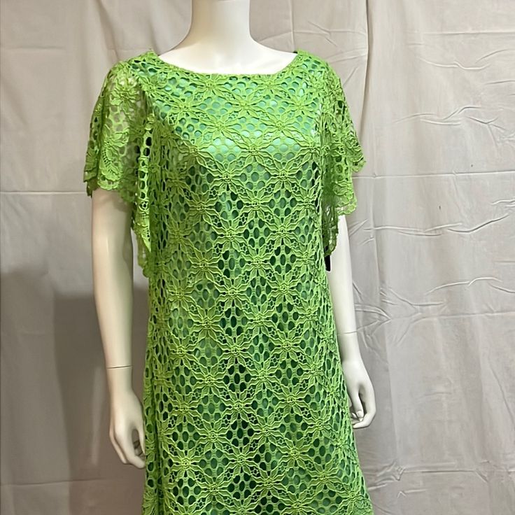 Fully Lined. Color Celery Green Short Sleeves Elegant Spring Stretch Crochet Dress, Elegant Stretch Crochet Dress For Spring, Summer Evening Dress With Stretch, Elegant Spring Crochet Dress With Stretch, Stretch Summer Evening Dress, Summer Green Lace Midi Dress, Fitted Crochet Dress For Spring Garden Party, Knee-length Lace Dress For Summer Beach, Knee-length Lace Dress For Beach In Summer