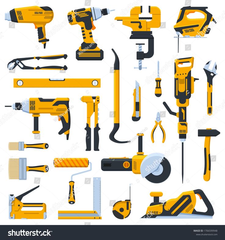 a collection of tools that are yellow and black on a white background, including drillers, screwdrivers, hammers, wrenches, pliers, etc