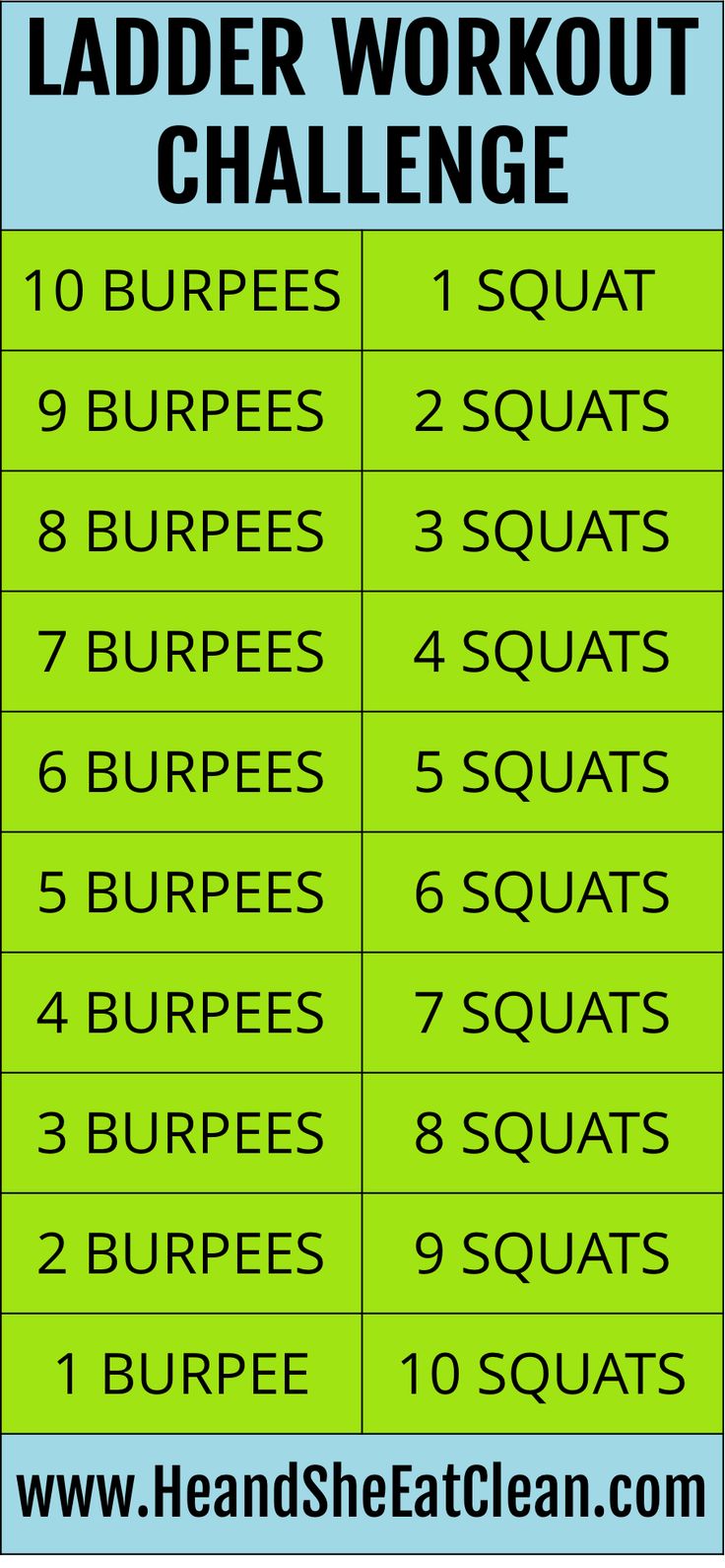 the 10 minute ladder workout challenge is shown in green and blue, with numbers on each side