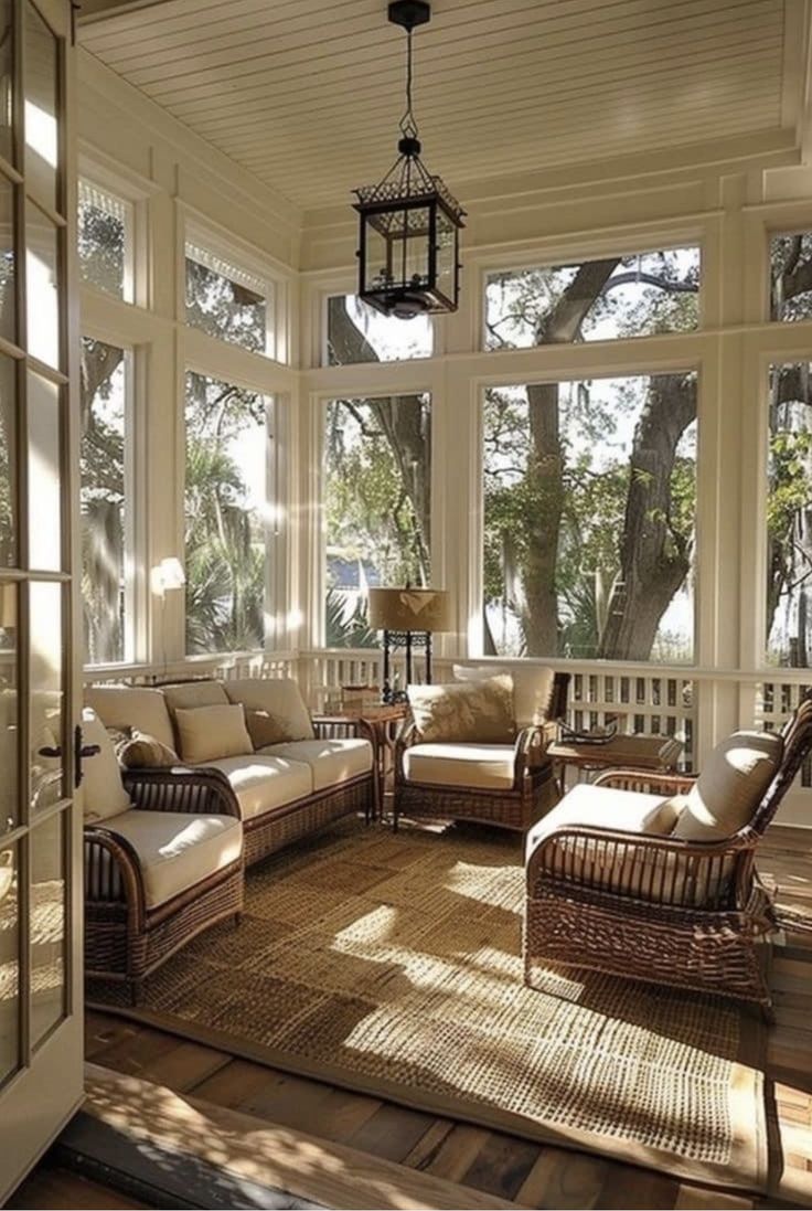 the sun shines through the large windows in this living room with wicker furniture