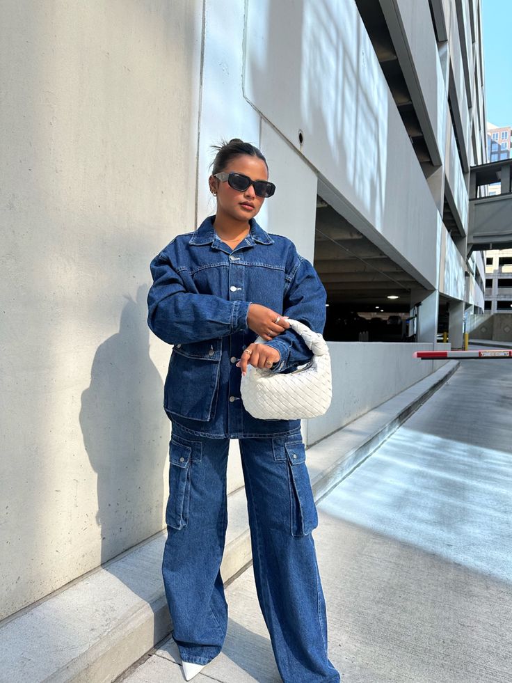 Denim Co Ord Outfit, Denim Om Denim Outfit, Double Denim Outfit Women, Jean Aesthetic Outfit, Full Denim Outfit Women, All Denim Outfits For Black Women, Denim Over Denim Outfit, Oversized Denim Outfit, Jean On Jean Outfit Denim