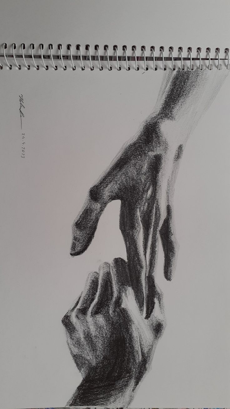 a pencil drawing of two hands reaching for each other in front of a white background