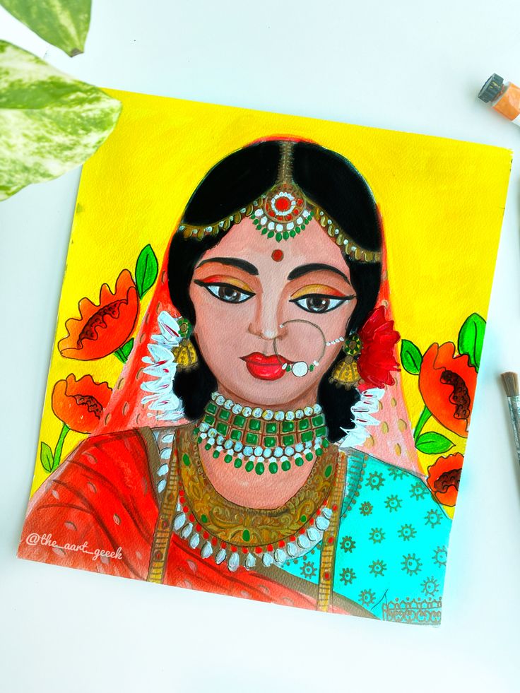 Kulo Designs, Potrate Painting, Indian Bride Painting, Bride Painting, Neon Portrait, Colourful Paintings, Rajasthani Painting, Rajasthani Art, Boho Art Drawings