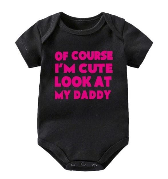 Alright daddies, show them all who your little one gets their cuteness from with this onesie! Includes: Onesie Material: Cotton BlendGender: Boys & GirlsSleeve Length: ShortClosure Type: Covered ButtonPattern Type: LettersCollar: O-NeckSummary: Newborn Baby Toddler Boys Girls Short Sleeve Of Course I'm Cute Look at My Daddy Funny Baby Onesie Cute Cotton Onesie With Cartoon Print, Funny Fitted Black Onesie, Fitted Pink Bodysuit With Cartoon Print, Funny Short Sleeve Onesie With Letter Print, Playful Cotton Bodysuit With Letter Print, Cotton Bodysuit With Letter Print For Playtime, Black Letter Print Onesie For Playtime, Cotton Onesie With Letter Print For Playtime, Funny Short Sleeve Bodysuit With Letter Print