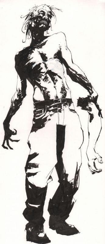 a black and white drawing of a man with no shirt on standing in front of the camera