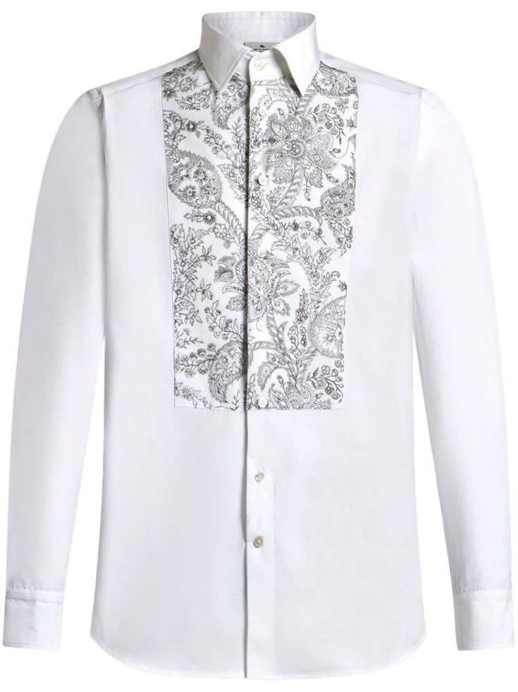 white floral embroidery to the front pointed flat collar front button fastening long sleeves buttoned cuffs curved hem Luxury Embroidered Fitted Tops, Formal Fitted Tops With Embroidered Cuffs, Luxury Buttoned Shirt For Spring, Elegant Tops With Embroidered Cuffs, White Long Sleeve Top With Concealed Placket, Luxury Buttoned Tops For Spring, Luxury Spring Tops With Buttons, Spring Long Sleeve Shirt With Concealed Placket, White Shirt With Hidden Button Closure For Spring