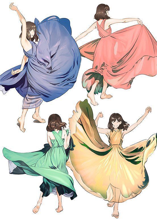 three women in different dresses are dancing