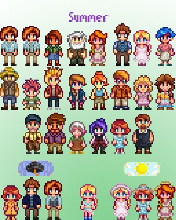 an image of pixel art with different people in the style of video game characters and text that reads, summer