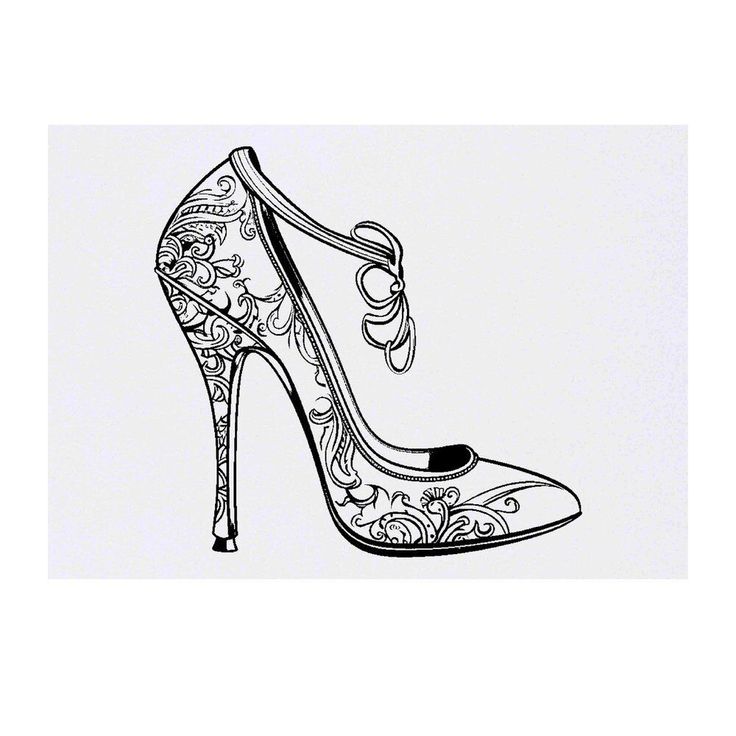 a black and white drawing of a high heeled shoe with floral designs on it