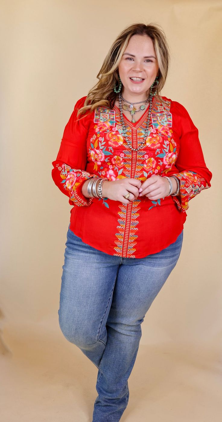 Throw on this top and brunch with me! The floral embroidered patterns are sure to make you stand out. The top has long embroidered sleeves and a v neckline. Abby is wearing a size large. Size Suggestions: Small: 2-4 Medium: 6-8 Large: 10-12 1XL: 14-16 2XL: 18-20 3XL: 22-24 Fabric Content: 100% Rayon Care Instructions: Hand wash, cold. Do not bleach. Hang to dry. SKU: #220140 New Arrivals Email, New Arrivals Coming Soon, Embroidered Patterns, Closet Candy Boutique, Pink Lily Boutique, Candy Boutique, Closet Candy, Spring Clothing, Giddy Up Glamour