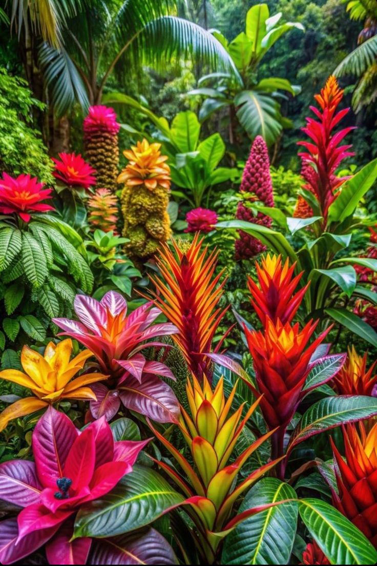 colorful tropical plants and trees are in the foreground, with green foliage behind them