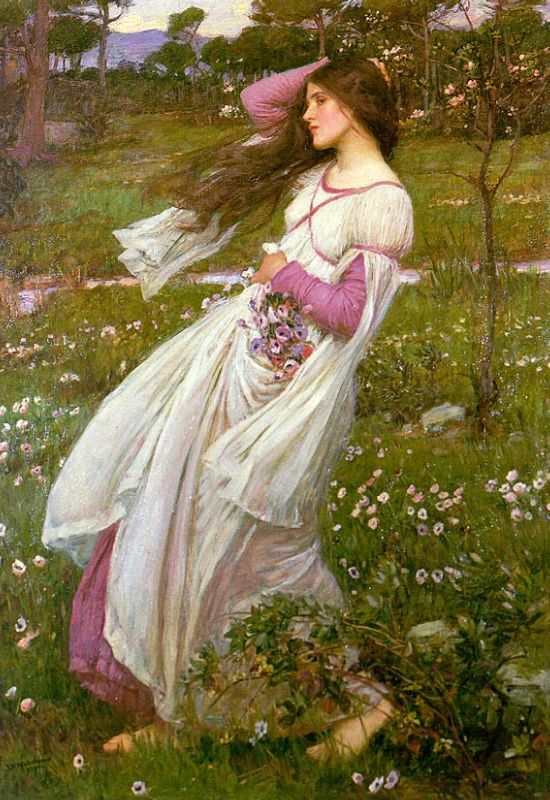 a painting of a woman in a white dress and pink hat walking through a field