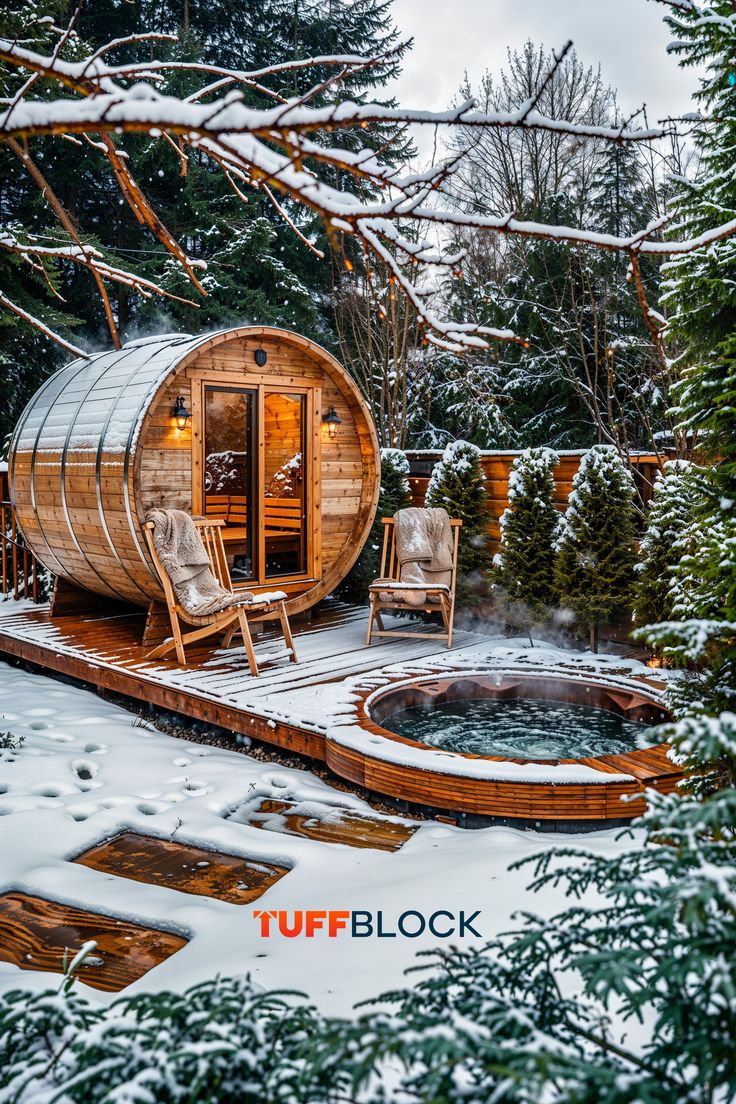 winter sauna in yard with spa and deck with deck chairs, Snow covers the yard with a path leading to the sauna. Sauna In Shed, Hot Tub Sauna Combo, Hot Tub Sauna Outdoor, Outside Sauna Ideas, Sauna And Hot Tub Outdoor, Sauna Hot Tub Combo Outdoor, Winter Hot Tub Pictures, Backyard Sauna And Plunge Pool, Diy Sauna Outdoor