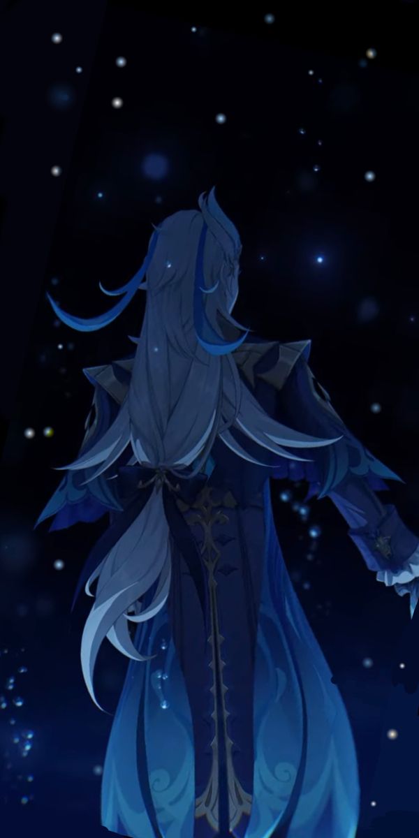 an anime character with long white hair and blue dress standing in the snow at night