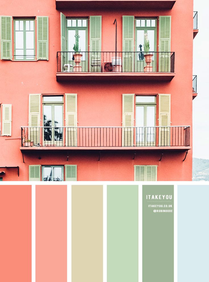 a pink building with green shutters and balconies on the second floor is shown in color swatches