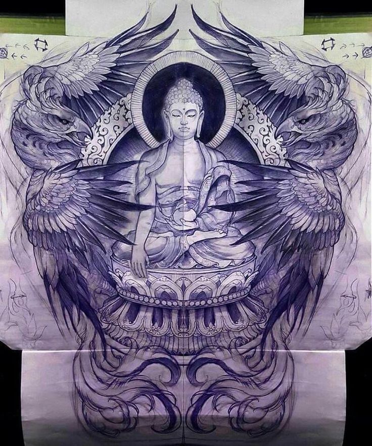 an artistic drawing of a buddha surrounded by wings and birds on a piece of paper