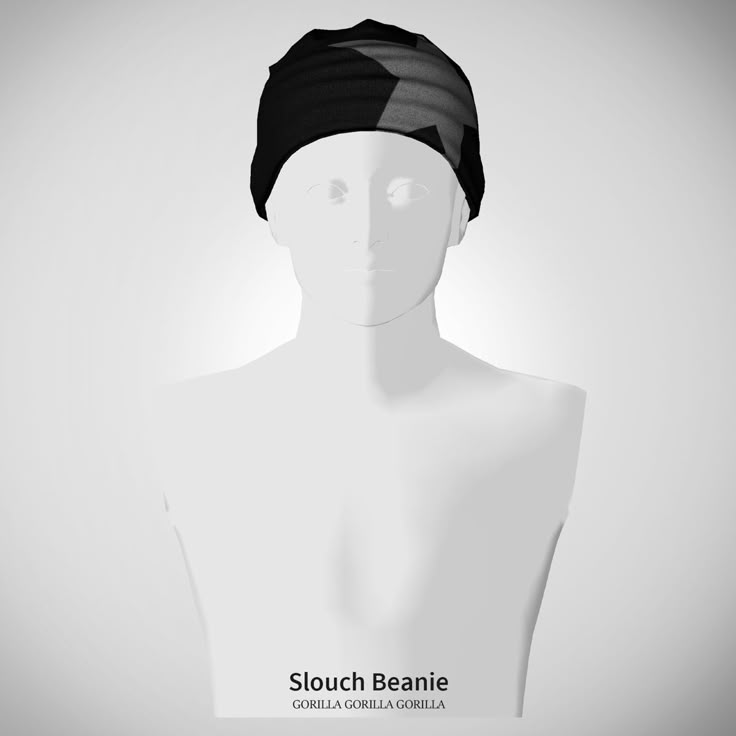 a white mannequin wearing a black turban with the words slouch beanie on it