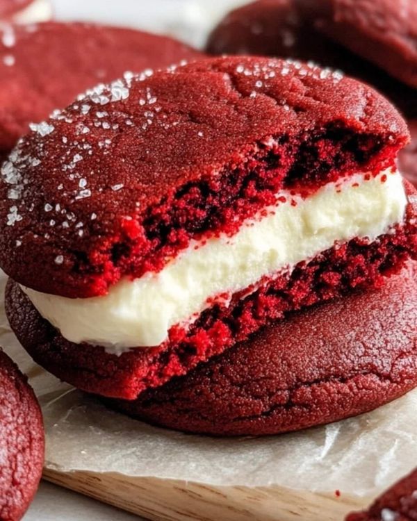 red velvet cookies with white cream filling are on a cutting board and ready to be eaten