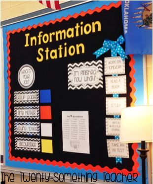 a bulletin board with information on it and an american flag hanging from the wall behind it