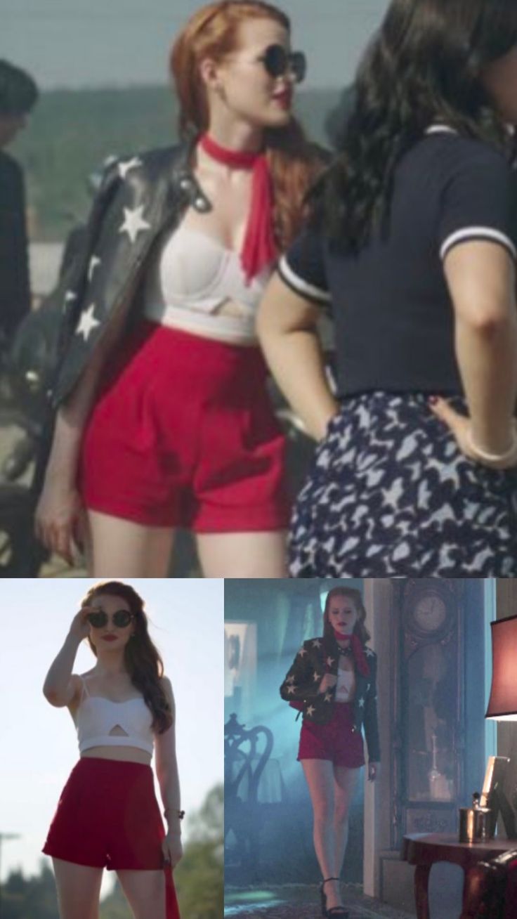 the collage shows two women in short skirts, one wearing a white top and red shorts