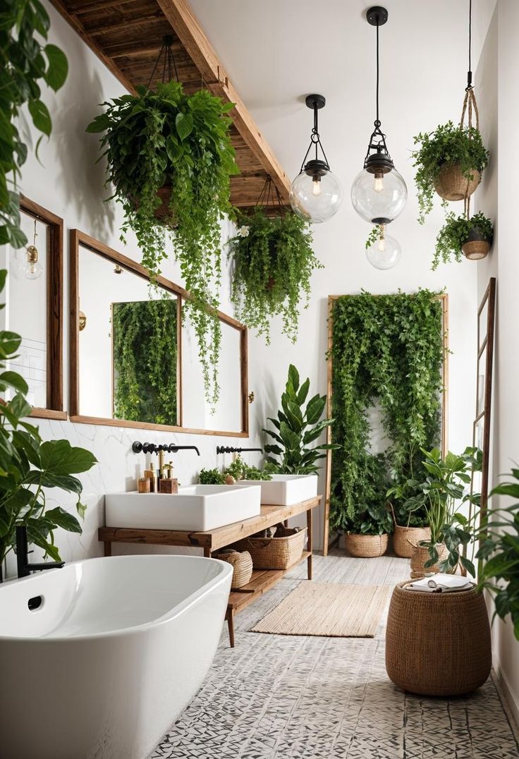 a bathroom with plants hanging from the ceiling and two sinks on either side of the bathtub