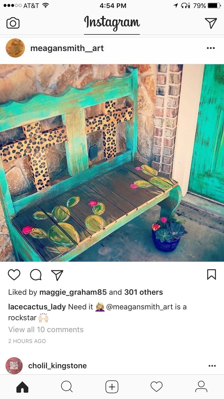 an old wooden bench painted green and decorated with cactus designs is on instagrams