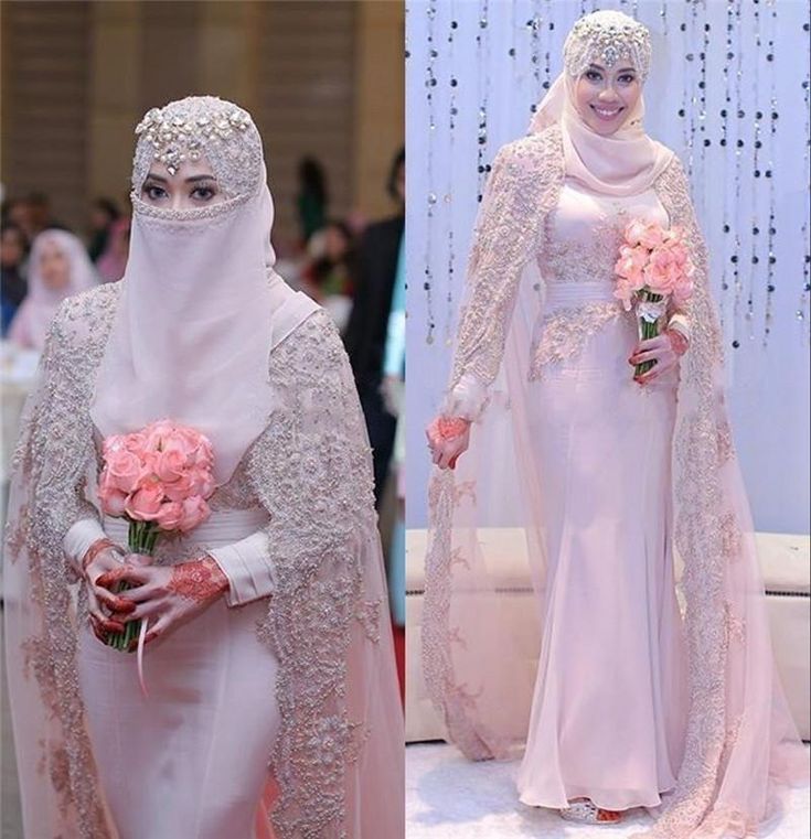 two pictures of the same woman in different wedding outfits, one is wearing a hijab