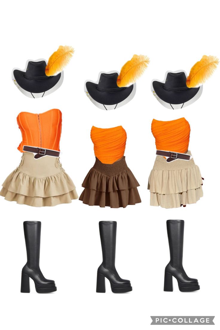 three different dresses and boots are shown in the same image, one is wearing an orange top