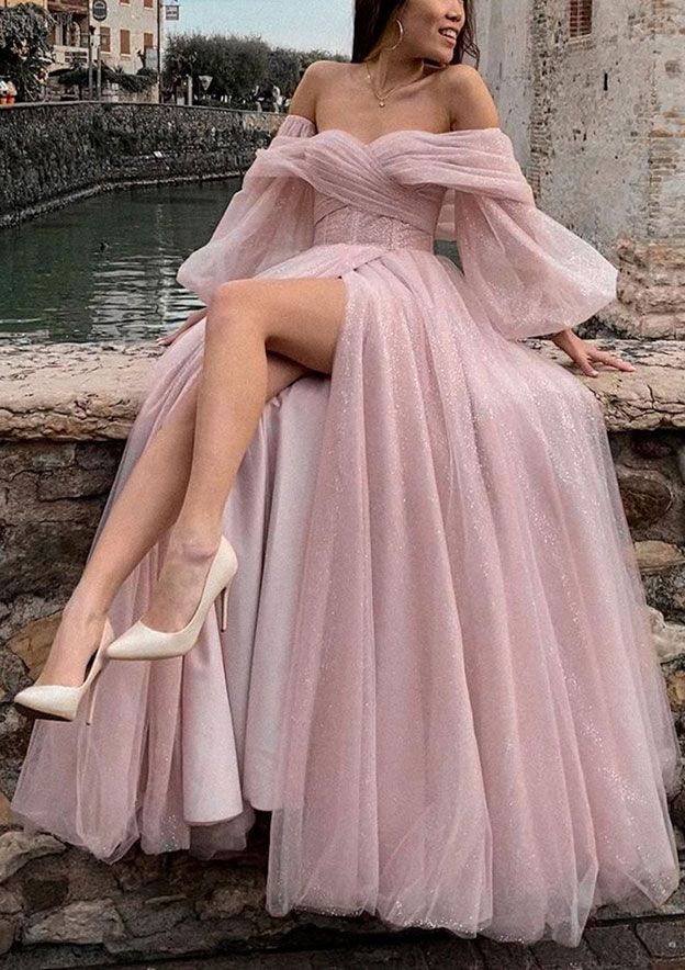 Looking For One Perfect Prom Dress? This Prom Dress is made-to-order by professional tailors. Available In Over 60 Colors. Regular sizes 2 to 16 and plus sizes 14W to 26W. Custom size is also available.More details:Silhouette:Princess.Neckline:Off-the-Shoulder.Sleeve:Sleeveless.Wrap:No.Trend Collections:Petite,Formal.Back Type:Backless.Back Style:Zipper.Embellishment:Pleated,Split.Size:Plus,General.Fabric:Tulle.Length:Sweep Train.Shown Color:Dusty Pink.Fully Lined:Yes.Built_In Bra:Yes.Boning:Yes Corset Dress Formal, Minimal Stil, Ben Ben, Robes Glamour, A Line Evening Dress, Corset Dress Prom, A Line Prom Dresses, Dresses Ideas, Pink Tulle