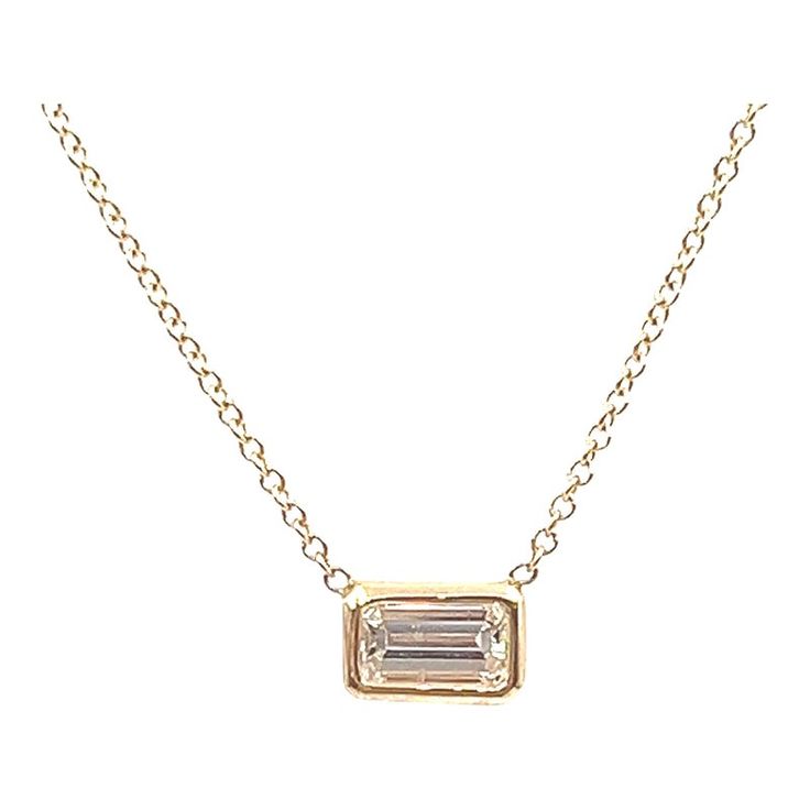 This beautiful diamond necklace is a great piece to start your jewelry collection. Encased in 14k yellow gold, the diamond boasts a color or G/H and VS2 in clarity. A great piece to add to any wardrobe. Luxury Diamond Necklace With Vvs Clarity And Emerald Cut, Elegant Gold Diamond Necklace, Baguette Cut, Luxury Emerald Cut Diamond Necklace With Vvs Clarity, Elegant Gold Diamond Necklace With Baguette Cut, Luxury Emerald-cut Diamond Necklace With Vvs Clarity, Elegant Gold Baguette Cut Diamond Necklace, Exquisite Emerald Cut Diamond Necklace, Elegant Vvs Clarity Emerald Cut Diamond Necklace, Elegant Gold Baguette Cut Necklace