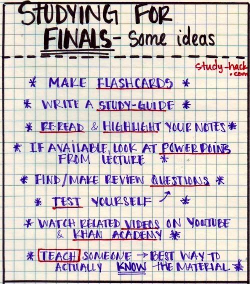 a sheet of paper with writing on it that says studying for finals some ideas