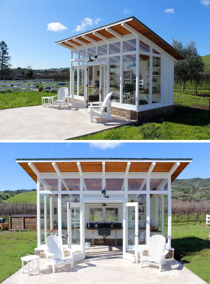 two pictures of a small white house in the middle of a field