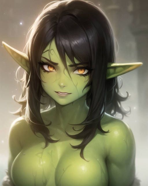 a woman with green hair and horns on her head is staring at the camera while she's naked