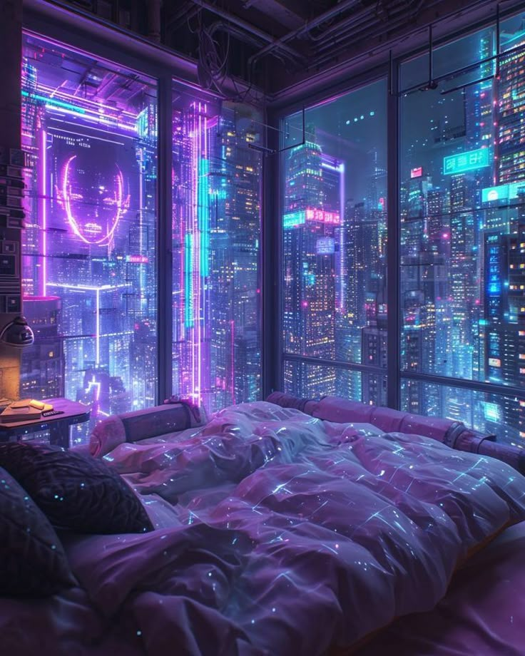 a bed with purple and blue lights in a room next to a window that looks out onto the city