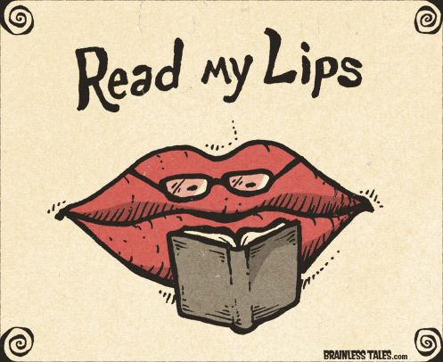 an open book with red lips and the words read my lips written in black ink