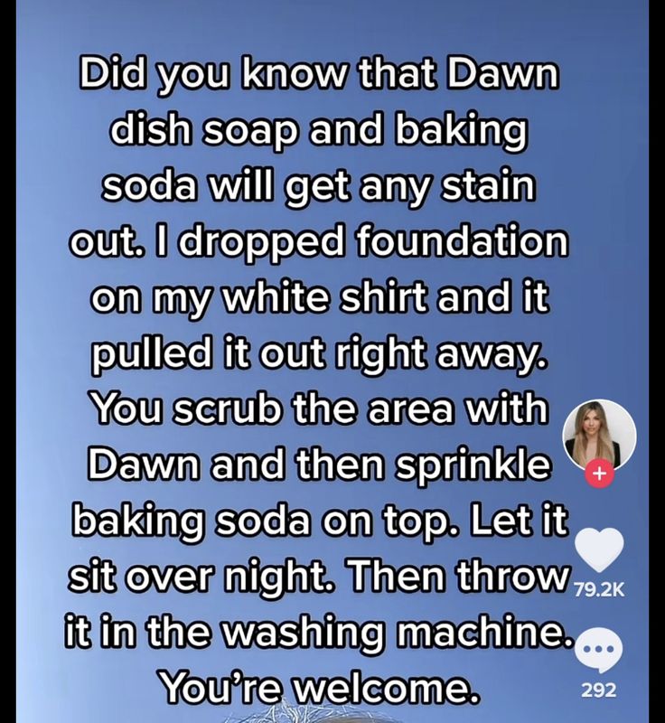 a text message with the words, did you know that dawn dish soap and baking soda will get any stain on my white shirt and it pulled