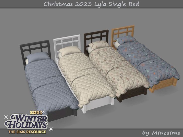 three beds are shown with blankets and pillows in the same bedding set, one is made from wood